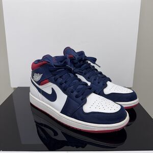 Nike Air Jordan 1 Mid Navy White Red Men's Sneakers Size 9.5 Classic 852542-104